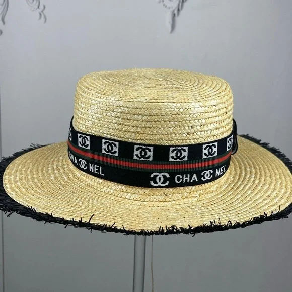 CHANEL Woven Hat with Black and Red Trim - Picture 3 of 6